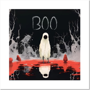 Halloween Boo 2: The White Sheet Ghost with Red Eyes Said "Boo" on a Dark Background Posters and Art